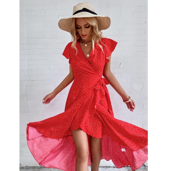 Polka Dot Red Boho Wrap Midi Dress - Picture 3 of 11